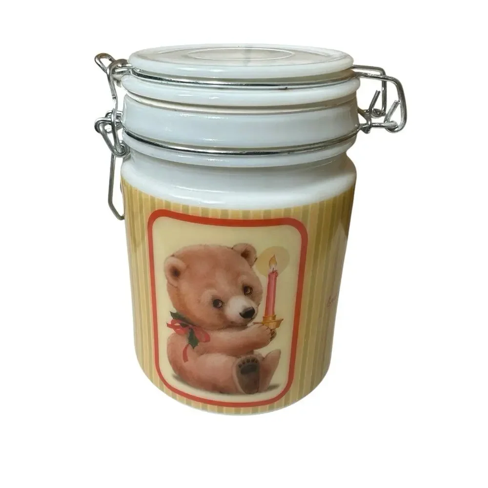 Vtg‎ Houston Harvest Christmas Teddy Bear Milk Glass Canister Hinged Lid Tea 6